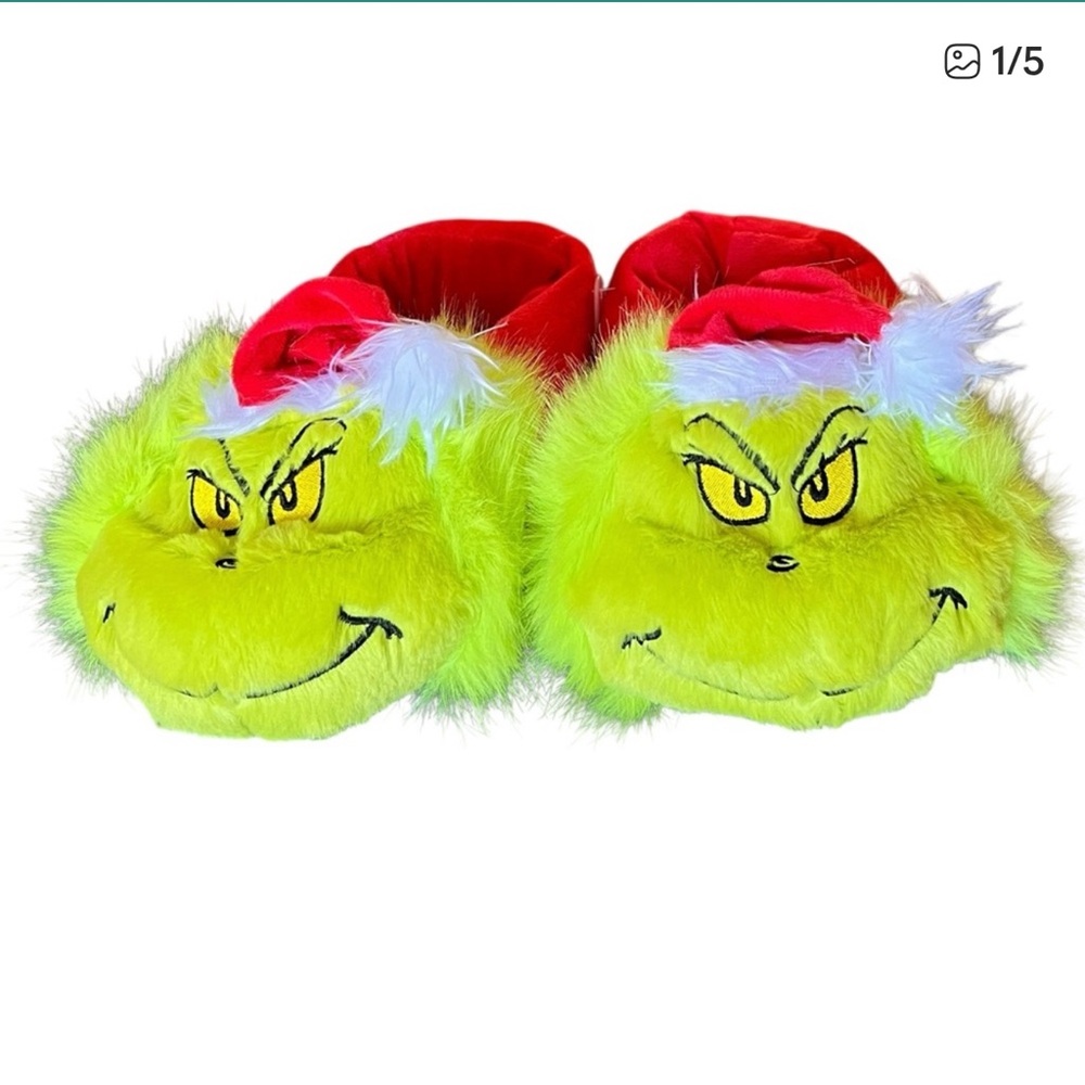 How Grinch Stole Christmas Red Santa Hat Comfy Soft Furry Embroidered Slippers L